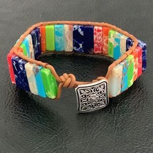 Men’s Chakra Jasper Beaded Bracelet with Silver Tone Button Clasp